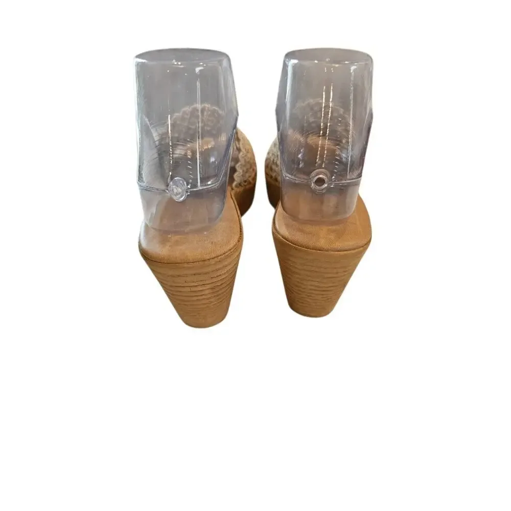 Mila Paoli Cream Colored Woven Rafia Classic Wooden Style Wedge Heel Sandal